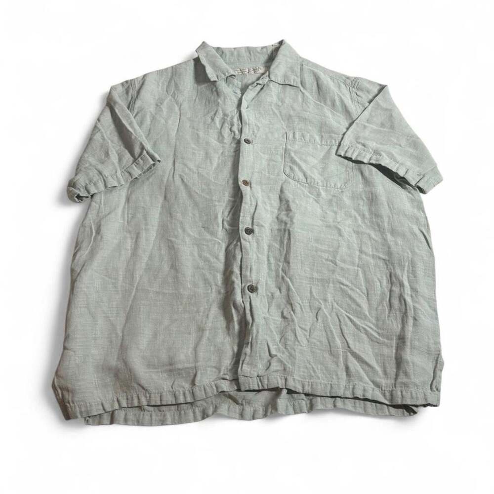 Silk Linen Hawaiian Shirt Island Republic Green Short Sleeve Button Up Men's L
